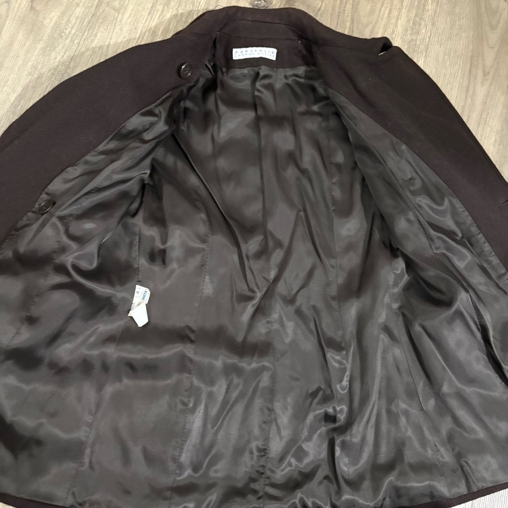 Vtg Perry Ellis Portfolio Pea Coat Brown 100% Merino Wool Size 4P Made USA - Picture 3 of 12
